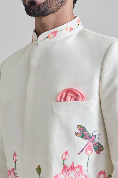 Priti Sahni Ivory Silk, Cotton Lotus Hand Painted Sherwani Set at Aza Fashions Priti Sahni_Ivory Silk, Cotton Lotus Hand Painted Sherwani Set _at_Aza_Fashions