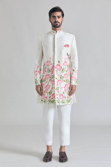 Buy Priti Sahni Ivory Silk, Cotton Lotus Hand Painted Sherwani Set Buy_Priti Sahni_Ivory Silk, Cotton Lotus Hand Painted Sherwani Set