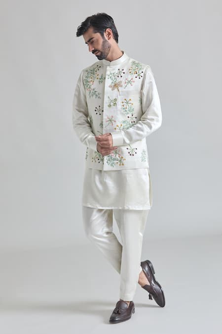Shop Priti Sahni Ivory Linen, Tissue Embroidery Flower Hand Painted Bundi And Kurta Set Online at Aza Fashions Shop_Priti Sahni_Ivory Linen, Tissue Embroidery Flower Hand Painted Bundi And Kurta Set _Online_at_Aza_Fashions