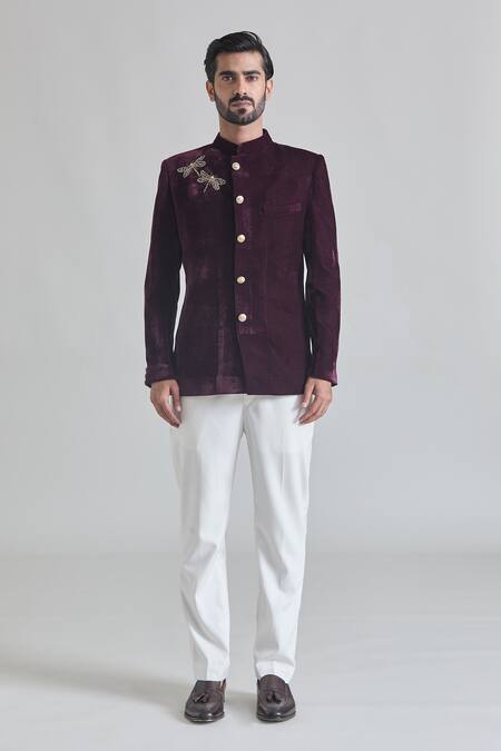 Priti Sahni_Wine Velvet Cut Work, Beads Dragonfly Placement Embroidered Bandhgala Set _Online_at_Aza_Fashions