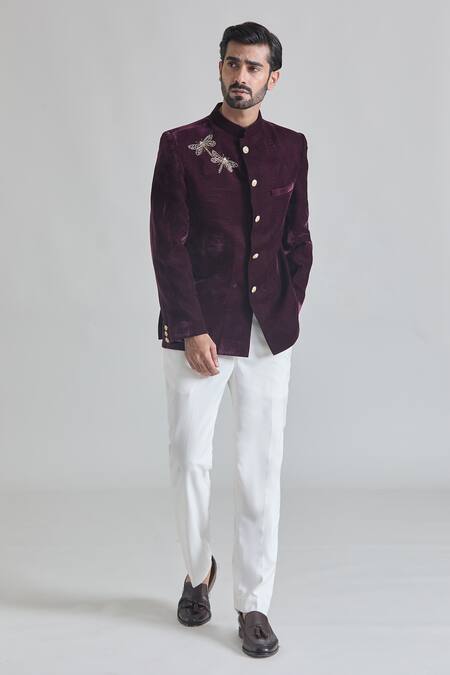 Buy_Priti Sahni_Wine Velvet Cut Work, Beads Dragonfly Placement Embroidered Bandhgala Set _Online_at_Aza_Fashions