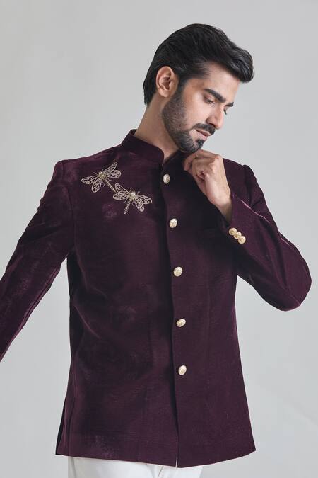 Shop_Priti Sahni_Wine Velvet Cut Work, Beads Dragonfly Placement Embroidered Bandhgala Set _Online_at_Aza_Fashions