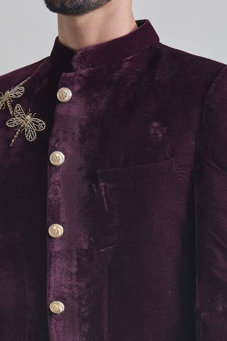 Priti Sahni_Wine Velvet Cut Work, Beads Dragonfly Placement Embroidered Bandhgala Set _at_Aza_Fashions