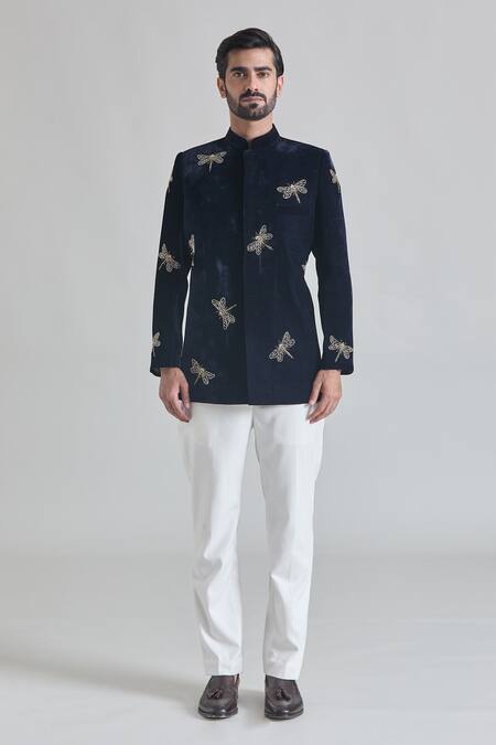 Priti Sahni_Blue Velvet, Cotton Cut Work, Beads Dragonfly Embroidered Bandhgala Set _Online_at_Aza_Fashions