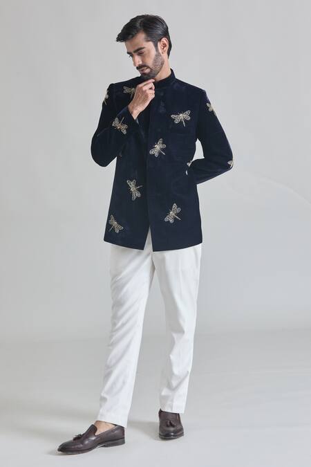 Buy_Priti Sahni_Blue Velvet, Cotton Cut Work, Beads Dragonfly Embroidered Bandhgala Set _Online_at_Aza_Fashions