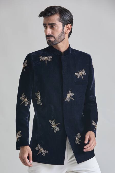 Shop_Priti Sahni_Blue Velvet, Cotton Cut Work, Beads Dragonfly Embroidered Bandhgala Set _Online_at_Aza_Fashions