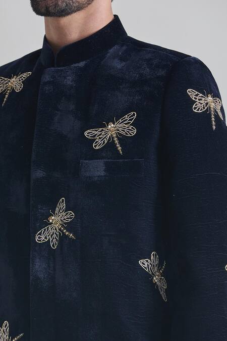 Priti Sahni_Blue Velvet, Cotton Cut Work, Beads Dragonfly Embroidered Bandhgala Set _at_Aza_Fashions