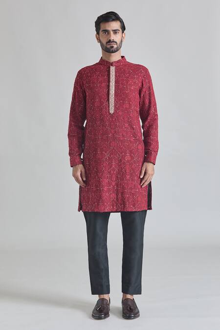 Priti Sahni_Maroon Georgette, Satin, Sequins, Embroidery Thread Work Kurta Set _Online_at_Aza_Fashions
