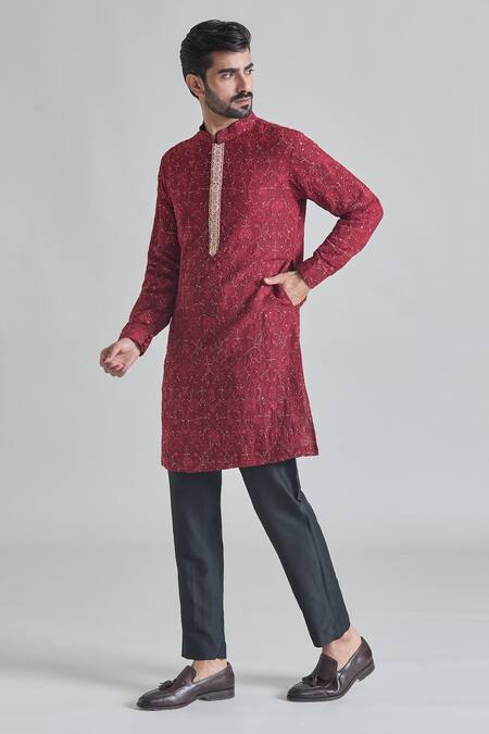Buy_Priti Sahni_Maroon Georgette, Satin, Sequins, Embroidery Thread Work Kurta Set _Online_at_Aza_Fashions