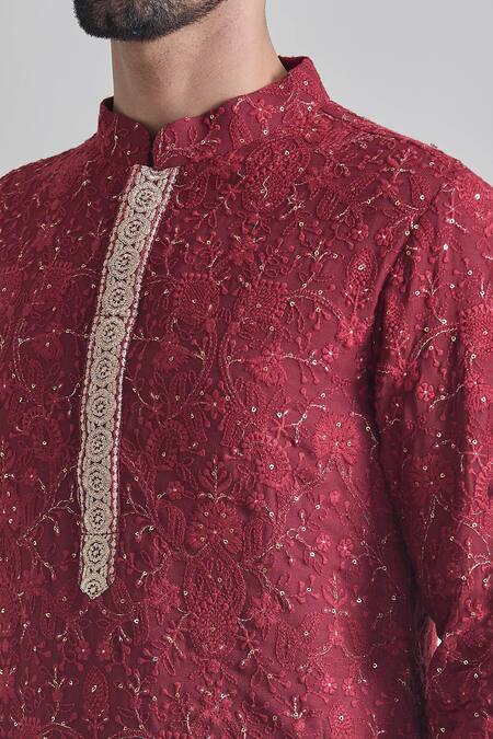 Shop_Priti Sahni_Maroon Georgette, Satin, Sequins, Embroidery Thread Work Kurta Set _Online_at_Aza_Fashions