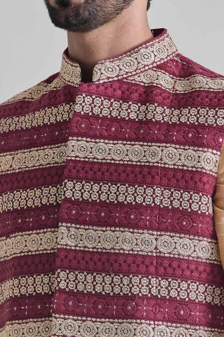 Buy Priti Sahni Wine Silk Zari, Sequins Floral Stripe Embroidered Bundi Set Online at Aza Fashions Buy_Priti Sahni_Wine Silk Zari, Sequins Floral Stripe Embroidered Bundi Set _Online_at_Aza_Fashions