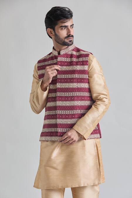 Buy Priti Sahni Wine Silk Zari, Sequins Floral Stripe Embroidered Bundi Set Buy_Priti Sahni_Wine Silk Zari, Sequins Floral Stripe Embroidered Bundi Set