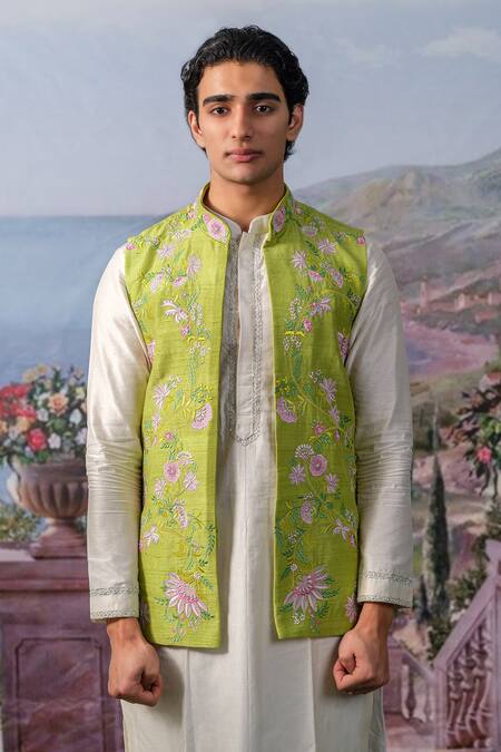 House Of Koa_Green Bundi Raw Silk Embroidery Thread Floral And Kurta Set _Online_at_Aza_Fashions