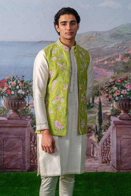Buy_House Of Koa_Green Bundi Raw Silk Embroidery Thread Floral And Kurta Set _Online_at_Aza_Fashions