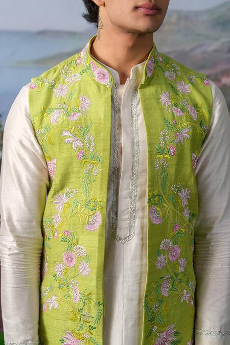 Shop_House Of Koa_Green Bundi Raw Silk Embroidery Thread Floral And Kurta Set _Online_at_Aza_Fashions