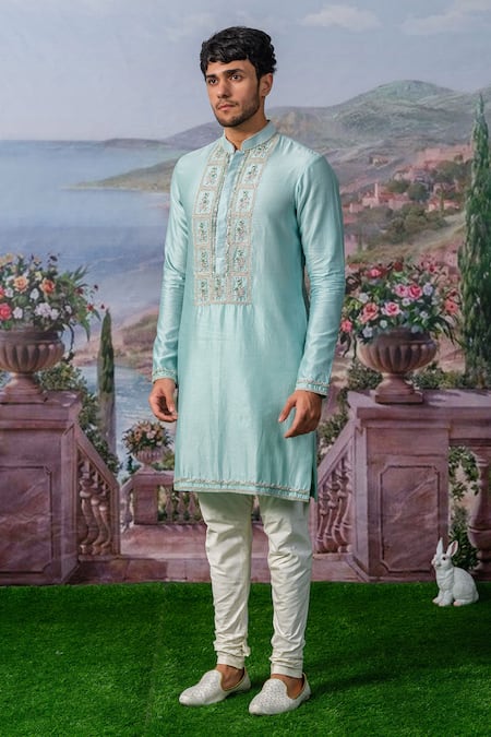 Shop_House Of Koa_Blue Chanderi Silk, Cotton Satin Pearls, Floral Yoke Embroidered Kurta Set _at_Aza_Fashions