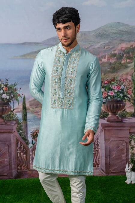 House Of Koa_Blue Chanderi Silk, Cotton Satin Pearls, Floral Yoke Embroidered Kurta Set _Online_at_Aza_Fashions