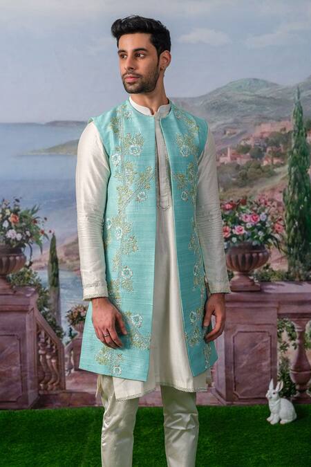 House Of Koa_Blue Kurta Chanderi Silk Embroidery Thread Floral Bundi And Set _Online_at_Aza_Fashions