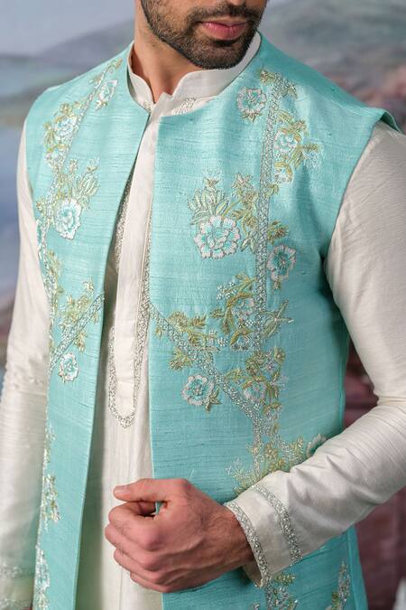 Buy_House Of Koa_Blue Kurta Chanderi Silk Embroidery Thread Floral Bundi And Set _Online_at_Aza_Fashions