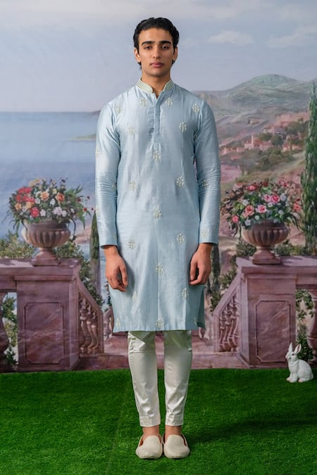 House of KOA Blue Kurta Chanderi Silk Embroidery Thread Fionn Pearl Set 