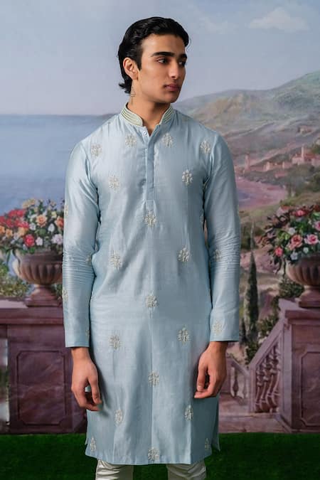 Shop_House Of Koa_Blue Chanderi Silk, Cotton Satin Cut Work, Pearls, Fionn Embroidered Kurta Set _at_Aza_Fashions