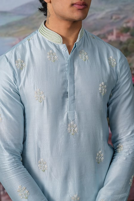 House Of Koa_Blue Chanderi Silk, Cotton Satin Cut Work, Pearls, Fionn Embroidered Kurta Set _Online_at_Aza_Fashions