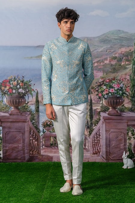 Shop_House Of Koa_Blue Bandhgala Chanderi Silk Embroidery Thread Lyn Set _at_Aza_Fashions