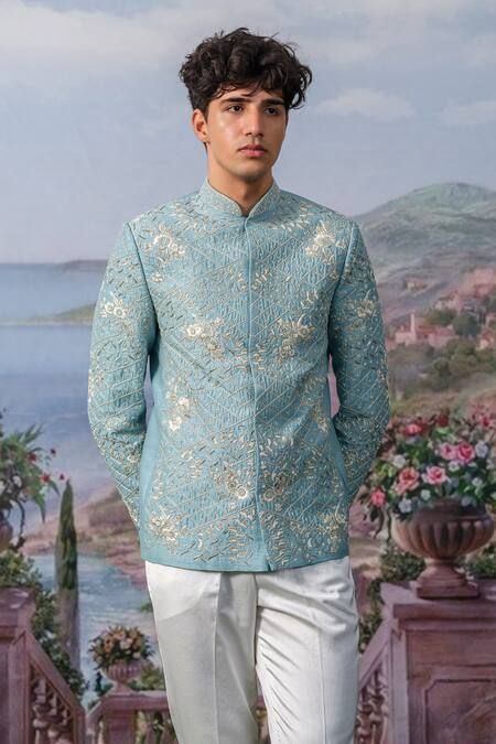 House Of Koa_Blue Bandhgala Chanderi Silk Embroidery Thread Lyn Set _Online_at_Aza_Fashions