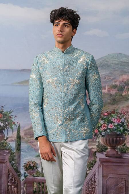 Buy_House Of Koa_Blue Bandhgala Chanderi Silk Embroidery Thread Lyn Set _Online_at_Aza_Fashions