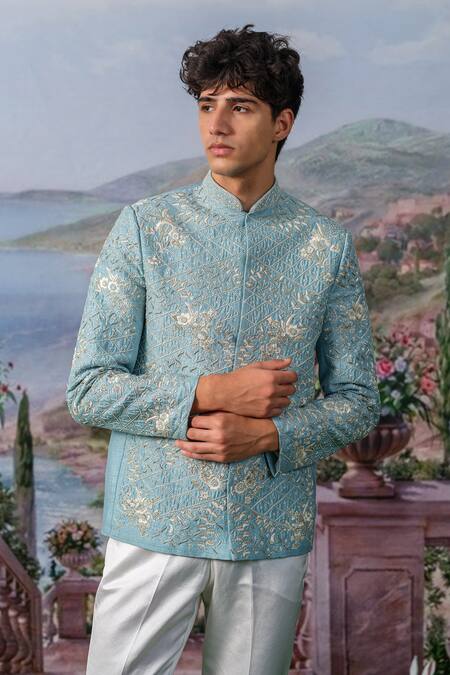 Shop_House Of Koa_Blue Bandhgala Chanderi Silk Embroidery Thread Lyn Set _Online_at_Aza_Fashions