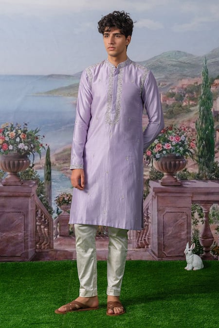 Shop_House Of Koa_Purple Chanderi Silk, Cotton Satin Jasper Floral Placement Embroidered Kurta Set _at_Aza_Fashions