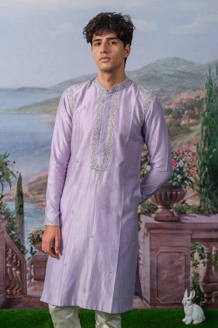 House Of Koa_Purple Chanderi Silk, Cotton Satin Jasper Floral Placement Embroidered Kurta Set _Online_at_Aza_Fashions