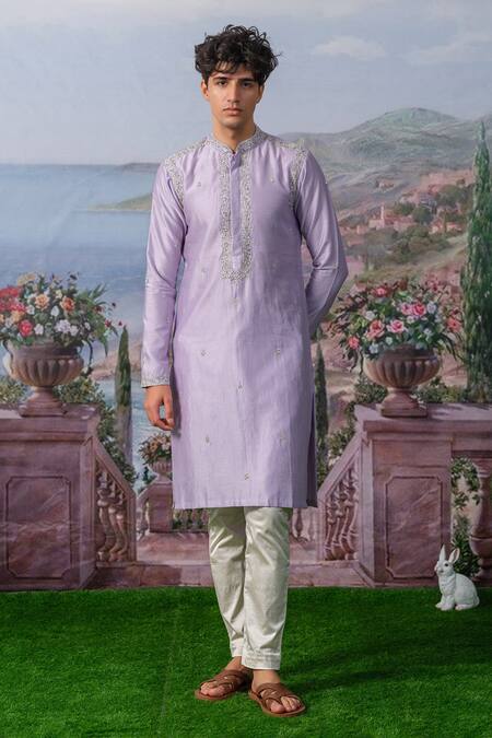 Buy_House Of Koa_Purple Chanderi Silk, Cotton Satin Jasper Floral Placement Embroidered Kurta Set _Online_at_Aza_Fashions
