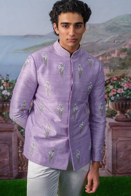 House Of Koa_Purple Bandhgala Chanderi Silk Embroidery Thread Finn Set _Online_at_Aza_Fashions