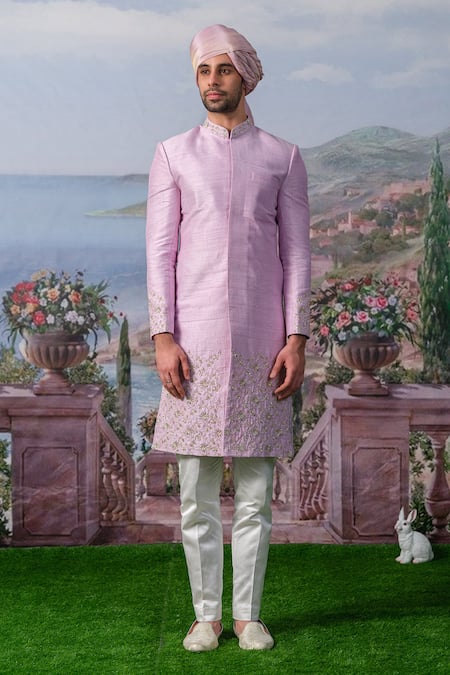 House of KOA Pink Embroidery Zardozi Ralph Floral Border Sherwani Set 