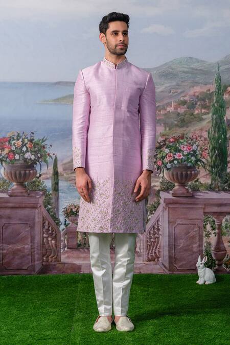 House Of Koa Pink Embroidery Zardozi Ralph Floral Border Sherwani Set at Aza Fashions House Of Koa_Pink Embroidery Zardozi Ralph Floral Border Sherwani Set _at_Aza_Fashions