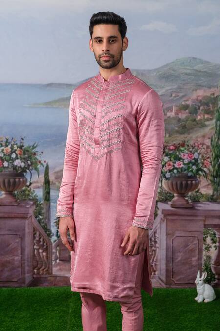 Buy_House Of Koa_Pink Silk, Cotton Pearls, Sequins Rowan Zardozi Embroidered Kurta Set _Online_at_Aza_Fashions