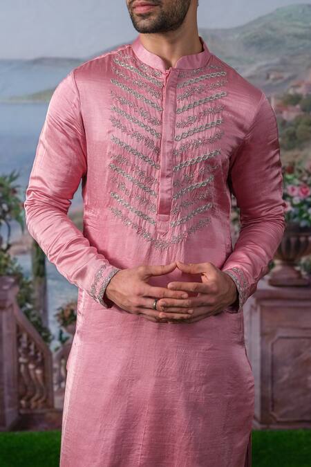 Shop_House Of Koa_Pink Silk, Cotton Pearls, Sequins Rowan Zardozi Embroidered Kurta Set _Online_at_Aza_Fashions