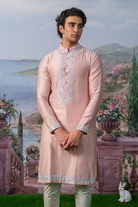 House Of Koa_Pink Chanderi Silk, , Satin Thread Placket Embroidered Kurta Set _Online_at_Aza_Fashions