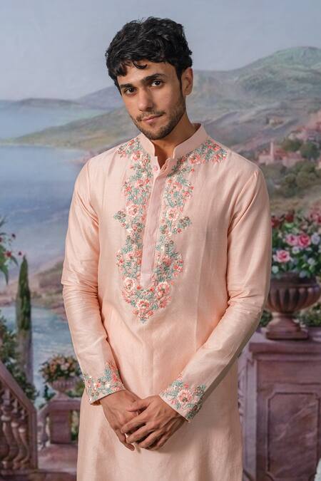 House Of Koa_Pink Chanderi Silk, , Satin Meadow Floral Embroidered Kurta Set _Online_at_Aza_Fashions