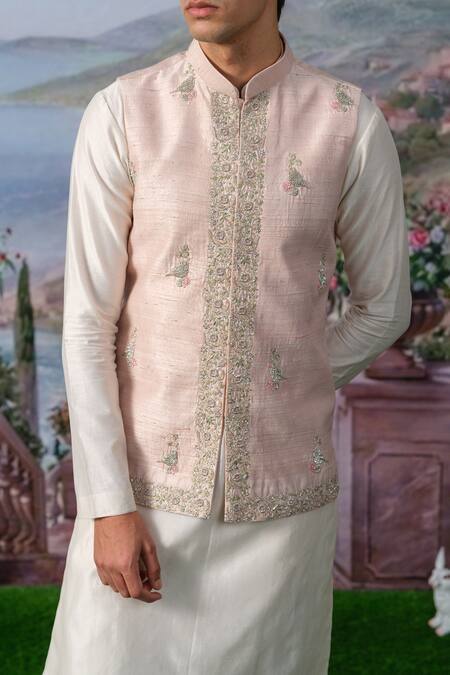 Shop_House Of Koa_Pink Embroidery Zardozi Robin Bird Bundi And Kurta Set _Online_at_Aza_Fashions