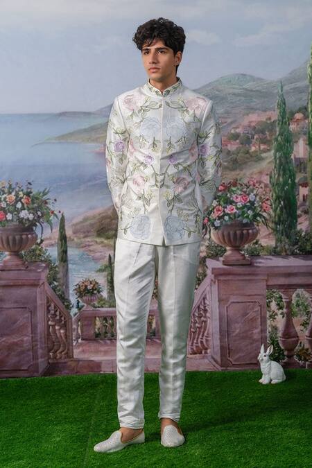 House Of Koa White Embroidery Thread Earl Zardozi Bandhgala Set Online at Aza Fashions House Of Koa_White Embroidery Thread Earl Zardozi Bandhgala Set _Online_at_Aza_Fashions