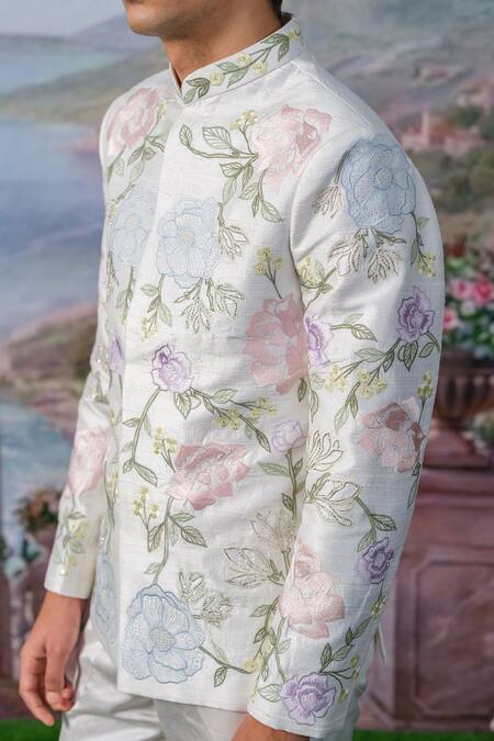 Shop House Of Koa White Embroidery Thread Earl Zardozi Bandhgala Set Online at Aza Fashions Shop_House Of Koa_White Embroidery Thread Earl Zardozi Bandhgala Set _Online_at_Aza_Fashions