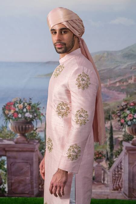 House Of Koa_Pink Embroidery Zardozi Eden Floral Sherwani Set _Online_at_Aza_Fashions