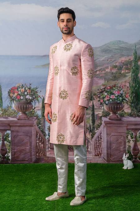 Buy_House Of Koa_Pink Embroidery Zardozi Eden Floral Sherwani Set _Online_at_Aza_Fashions