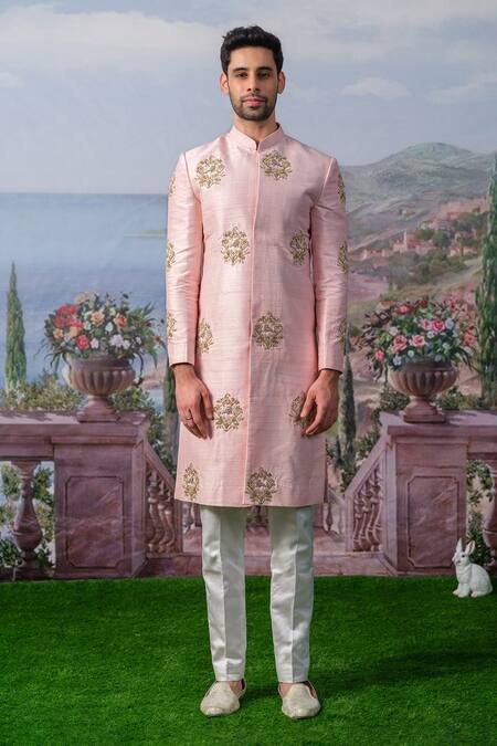 Shop_House Of Koa_Pink Embroidery Zardozi Eden Floral Sherwani Set _Online_at_Aza_Fashions