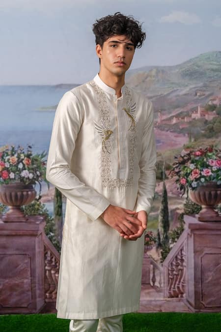 House Of Koa_Off White Chanderi Silk, , Willow Hand Embroidered Kurta With Pant _Online_at_Aza_Fashions