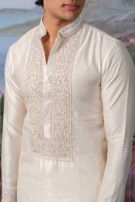 House Of Koa_White Chanderi Silk, , Aiden Embroidered Placket Kurta With Pant _Online_at_Aza_Fashions