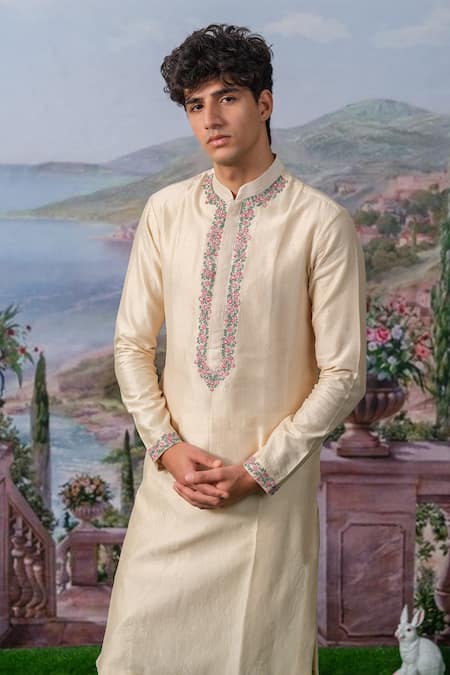 House Of Koa_Ivory Chanderi Silk, , Satin Florenz Placket Kurta With Pant _Online_at_Aza_Fashions