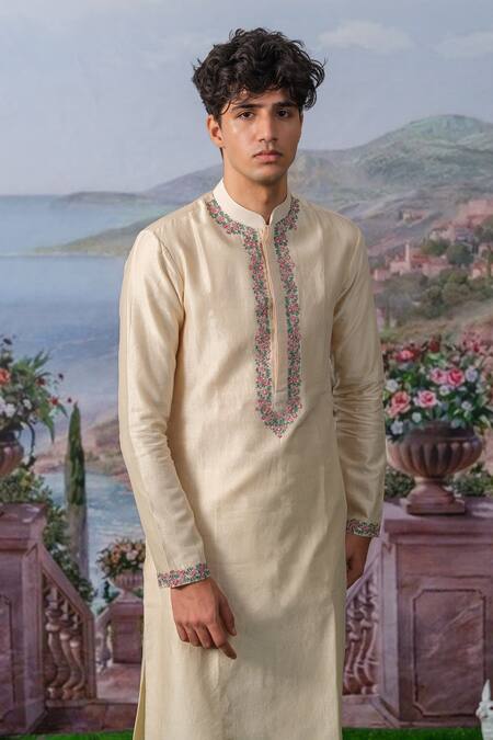 Buy_House Of Koa_Ivory Chanderi Silk, , Satin Florenz Placket Kurta With Pant _Online_at_Aza_Fashions